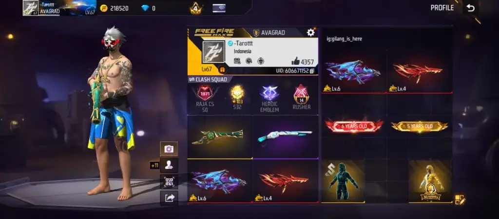 Akun Free Fire Level 67, AK Level 6